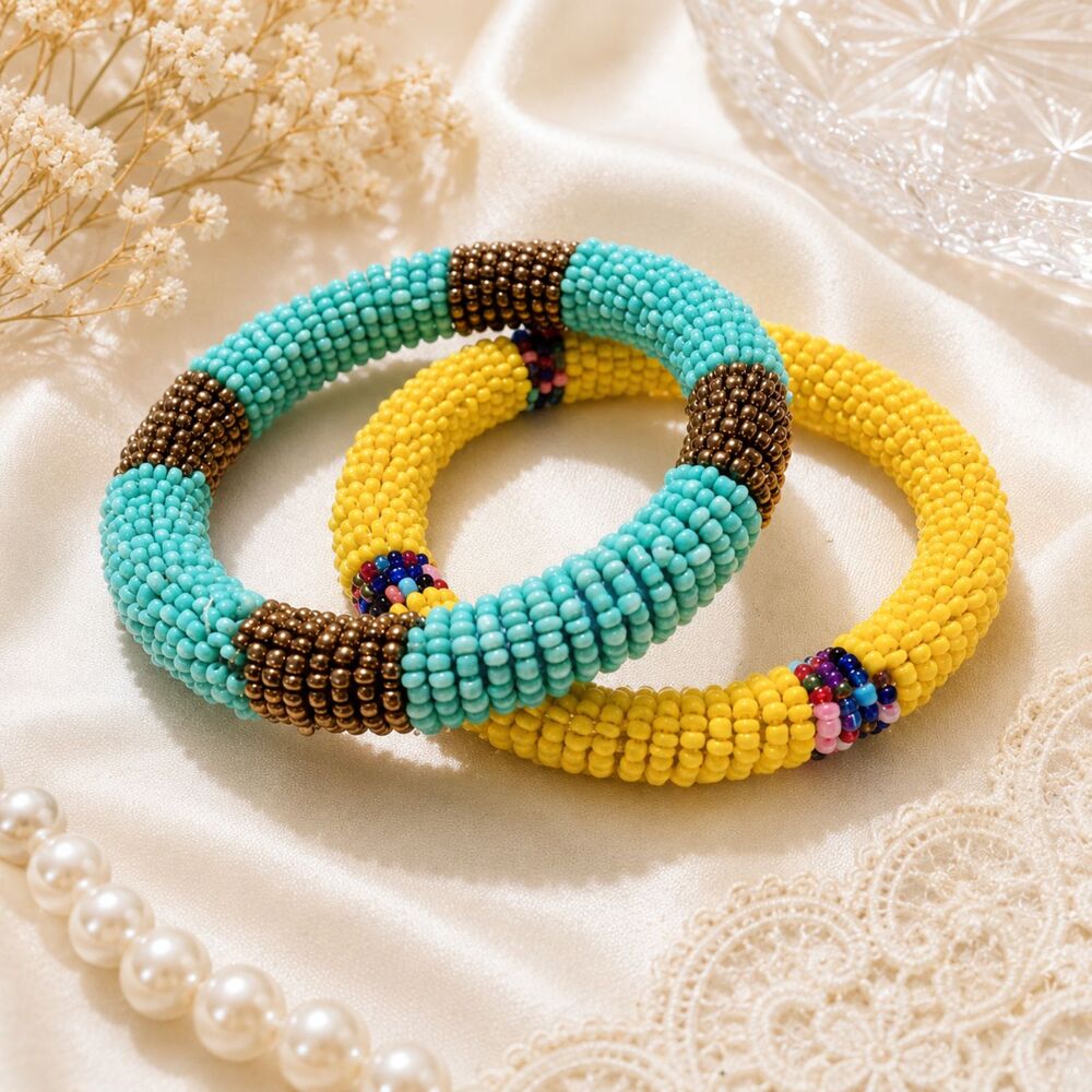 Vintage Woven Seed Bead Bangle Bracelets Yellow Aqua Blue
